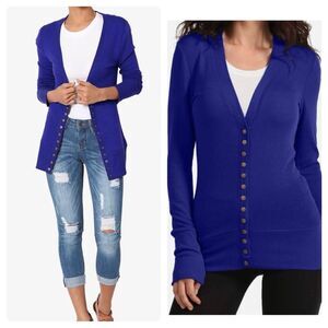 Royal blue classic snap front vneck cardigan size medium